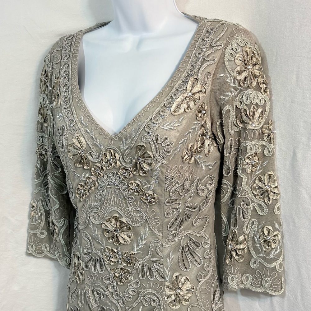 Y2K Sue Wong Floral Embroidered Mini Dress in Taupe - Picture 4 of 12